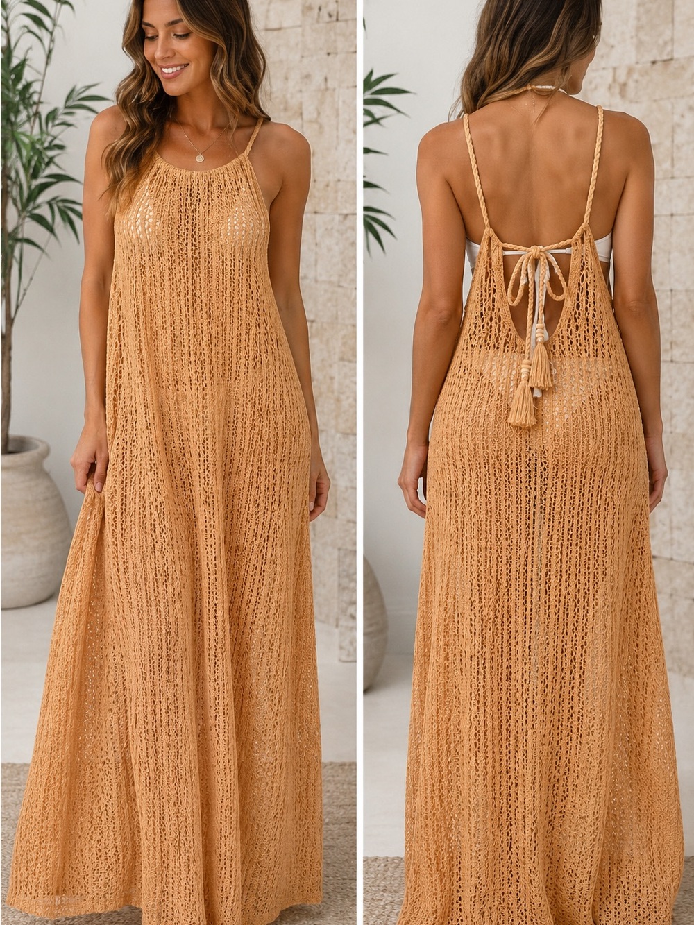 C&C California Crochet Maxi Swim Cover-Up in Camel Tan